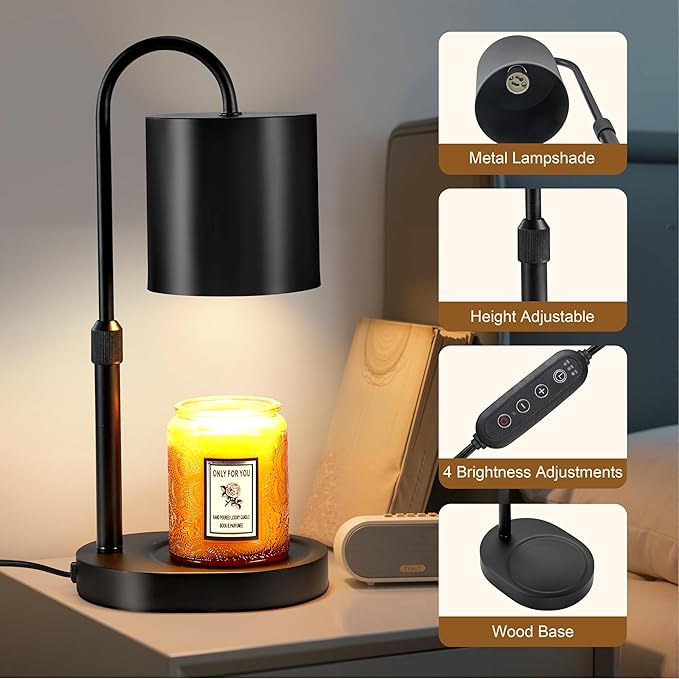 Dreamholder Electric Candle Warmer Lamp with Timer & Dimmer, Adjustable Height Wax Melt Warmer for Jar Candles, Wood Base Candle Melter, Floral Home Decor Gifts for Women, Mom, Black