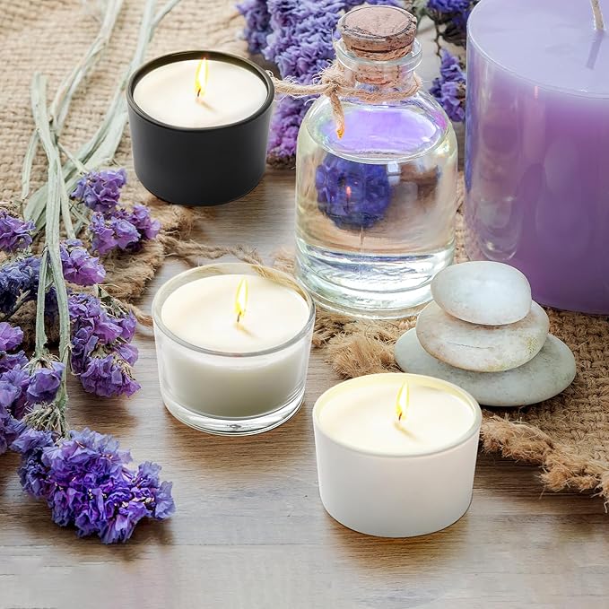 SHOWIN Thick Candle Jars for Making Candles 16 Pcs, 4 OZ Empty Jars with Wood Lids for Candle Making, Sample Container - Dishwasher Safe, Frosted Purple