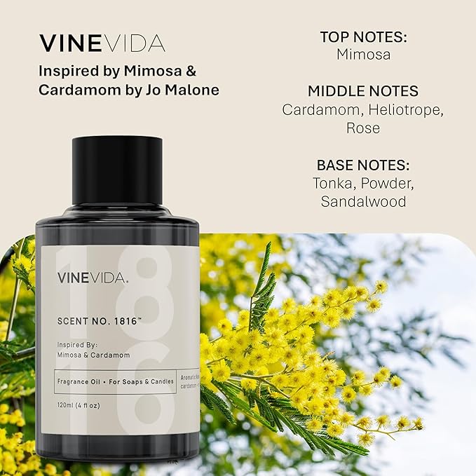VINEVIDA [32oz] Mimosa & Cardamom Fragrance Oil for Candle Making - Natural Candle Oil Scents - Soap Making Essential Oil - Made in USA