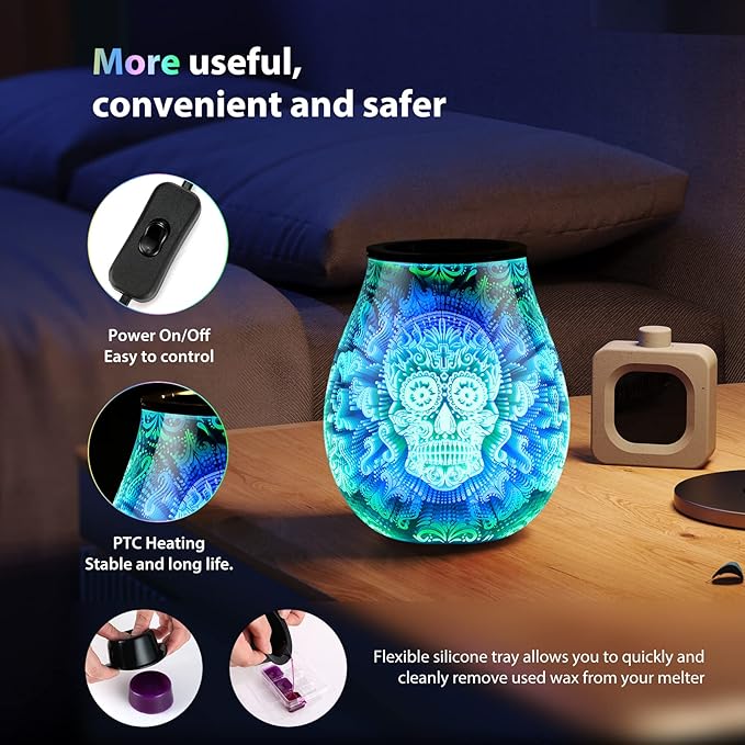 Inrorans Glass Electric Wax Melt Warmer Oil Burner with Stable Heating PTC Reusable Silicone Tray 7 Colorful Changing Led Light Night Light Scent Warmer for Home Fragrance Warmers-Skull