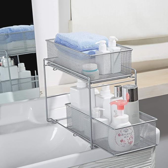 2 Tier Sliding Basket Stackable Cabinet Pull-Out Drawer Mesh Organizer for Kitchen Under Sink Storage (Silver)