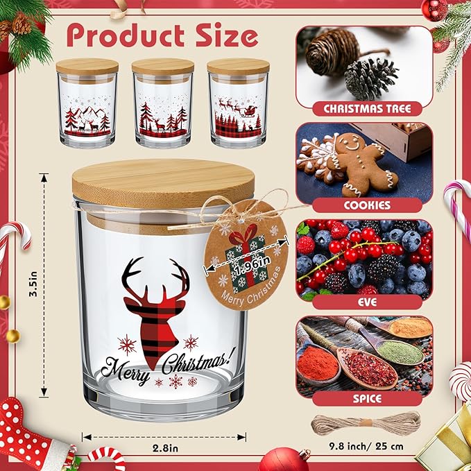 Potchen 12 Pack Christmas Plaid Clear Candle Jars for Making Candles 7 oz Empty Glass Jars with Wood Lids and Blessing Card Xmas Snowflake Candle Containers for DIY Gifts Home Tea Party Holiday Decor