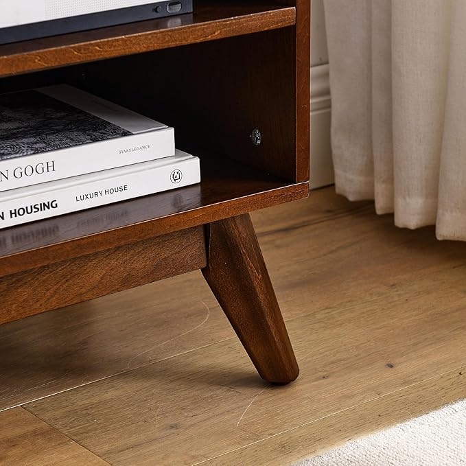 Amposei Mid Century Modern Wooden TV Stand Entertainment Center for 55/60/65 inch TVs, Sliding Rattan Door Console Storage Cabinet with Wood Legs for Living Room, Walnut