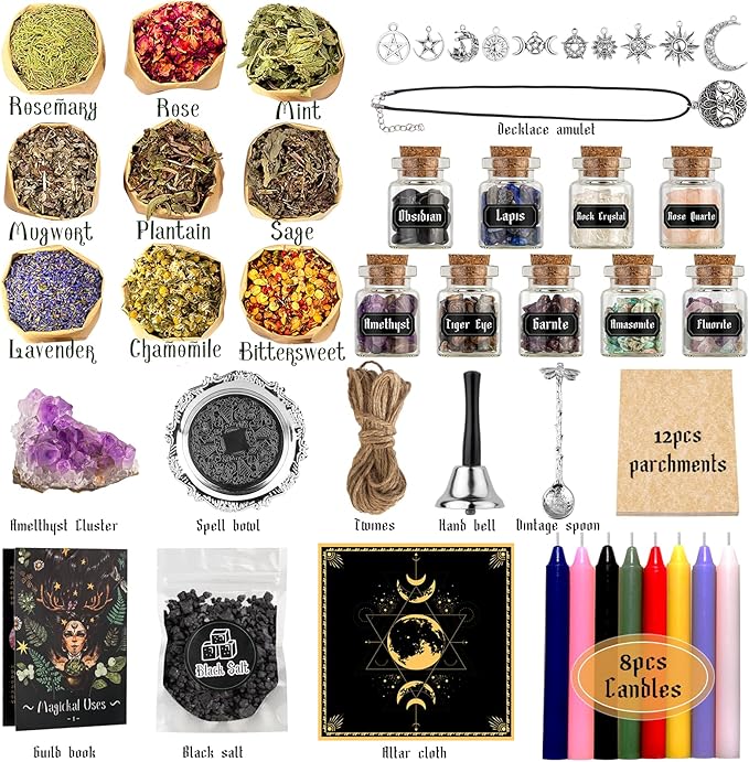 Witchcraft Supplies Kit for Spells, 56 PCS Witch Box Include Dried Herb Crystal Candles Amethyst Cluster Parchment, Wiccan Supplies and Tools, Beginner Witchcraft Kit Witch Stuff for Pagan Rituals