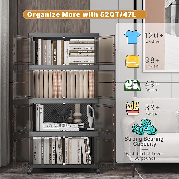 UAMFURI Stackable Storage Bins with Lids 192QT-48QT*4Pack Folding Storage box with Doors and Wheels, Collapsible Plastic Bins Stackable Organizer and Containers for Home, Garage, Office