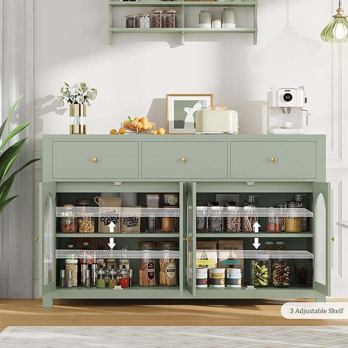 FINETONES Buffet Cabinet with Storage, 55.1" Large Sideboard Buffet, Farmhouse Kitchen Cabinet with 3 Drawers and 4 Doors, Wood Coffee Bar Table for Kitchen, Green