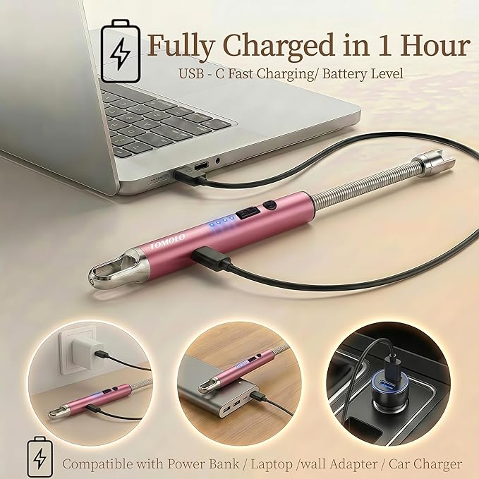 TOMOLO Electric Candle Lighter, Long Flexible Neck Lighter with Safety Switch, Windproof Plasma Flameless USB Rechargeable Lighters for Candles, Grill, Camping & Gas Stove, 2-Pack (Black & Rose Gold)