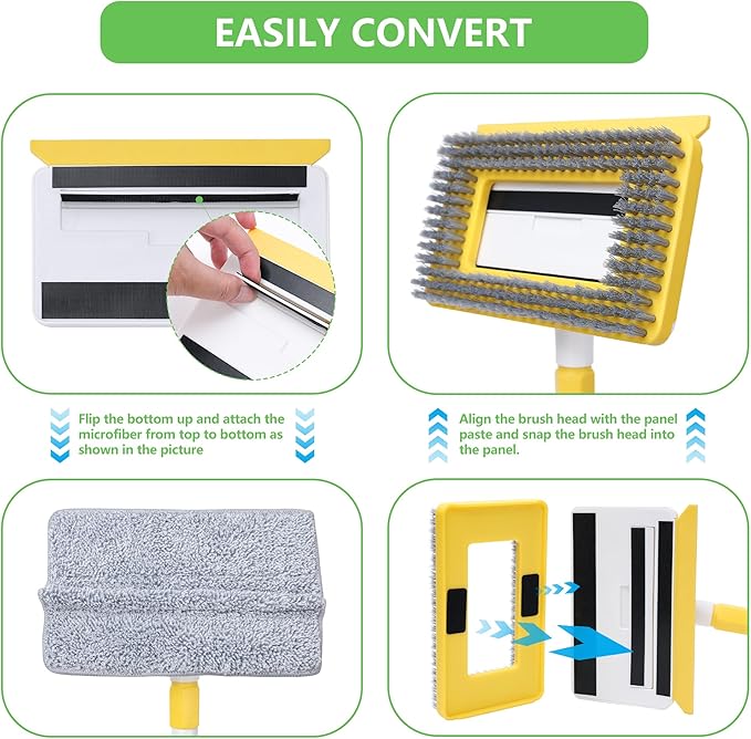 Baseboard Cleaner Tool with Long Handle,Wall Cleaner Mop with Extendable Handle 1 Stiff Bristles mop Head and 4 Reusable Cleaning Pads，Duster for Cleaning Tile Ceiling Window Skirting Board