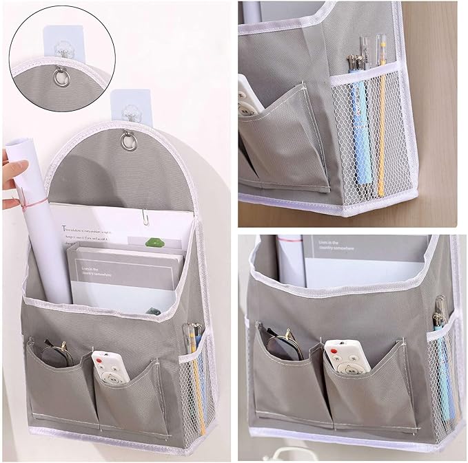 2 Pack Wall Hanging Storage Bag with Pockets, Locker Organizer Basket with Sticky Hook, Fabric Wall Organizer, Waterproof Hanging Bag for Closet Door Bedroom Bathroom Office Home Kitchen(Grey)