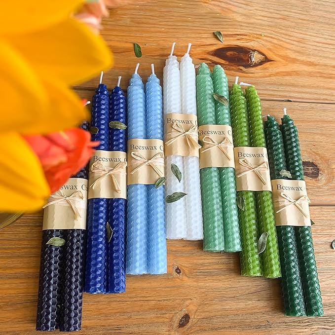Lacaser Natural Beeswax Taper Candles Bulk 14 Pack, 9" Long Candle Sticks, Unscented & Dripless Bees Wax Made Candles, Blue White Green in 7 Assorted Colored Colors