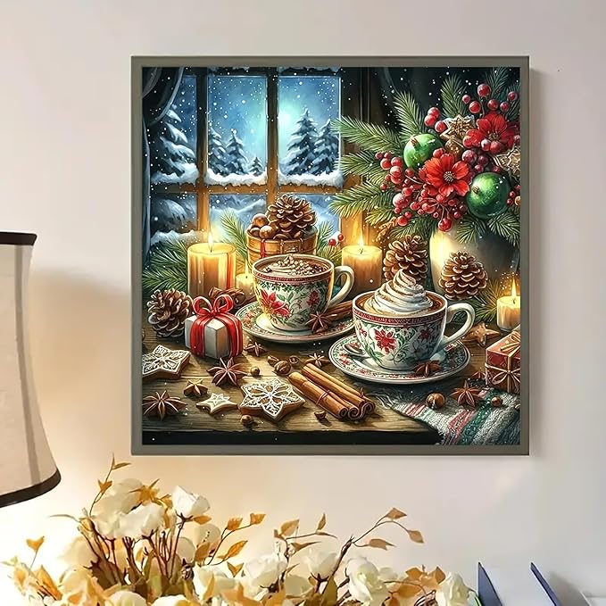 Christmas Family Candle Cup Diamond Art Kits for Adults, 5D Diamond Painting Kits for Adults Beginners, DIY Full Round Drill Diamond Dot Painting Gem Art Kits for Adult, Home Wall Decor 13.8x13.8 Inch