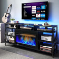 TC-HOMENY 60" TV Stand with 27.5" Electric Fireplace, TV Console with Power Strip for TVs Up to 70", Entertainment Center Storage Cabinet and LED Strip Lights with Remote Control Living Room Black