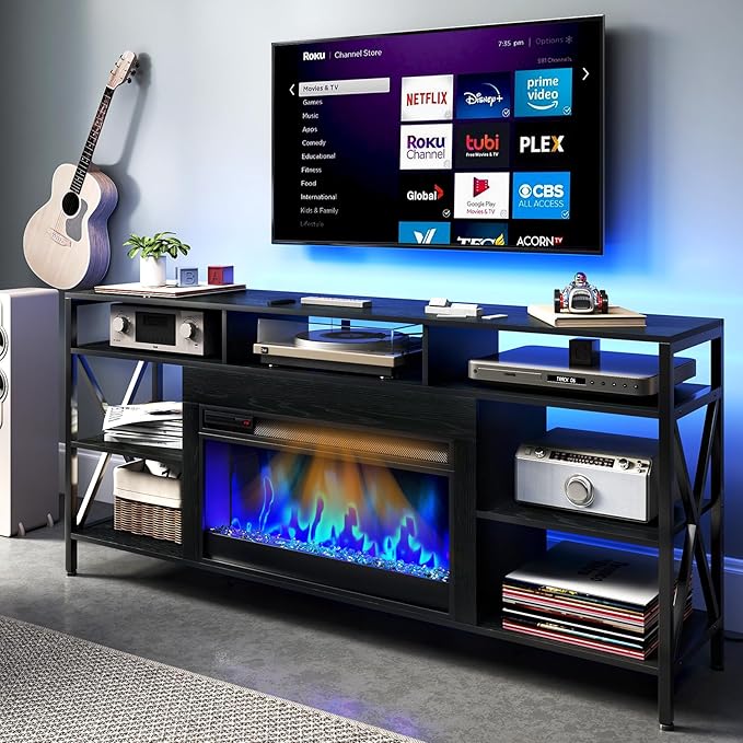 TC-HOMENY 60" TV Stand with 27.5" Electric Fireplace, TV Console with Power Strip for TVs Up to 70", Entertainment Center Storage Cabinet and LED Strip Lights with Remote Control Living Room Black