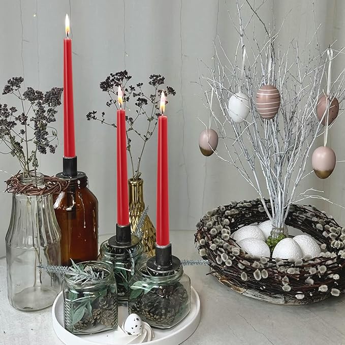 Red Taper Candles 10-Inch - Dripless Tall Christmas 12 Pack Tapered Candlesticks Unscented Smokeless Long Slow Burning Red Candle Sticks 8 Hours Paraffin Wax for Dinner Valentine’s Day Decor