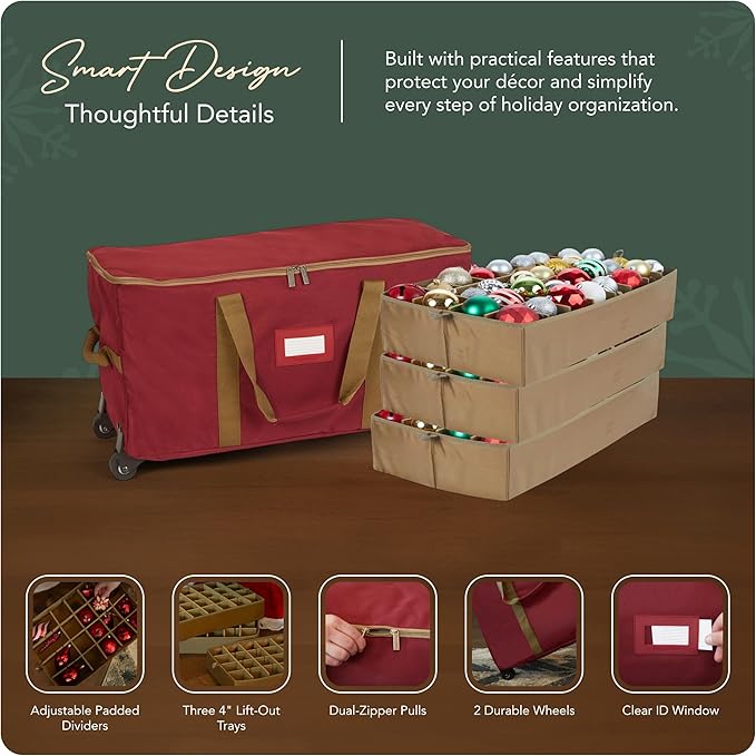 Covermates Keepsakes Rolling Adjustable Ornament Storage Bag – Heavy-Duty Polyester, FlexGrid Trays & Padded Dividers – Protective Holiday Organizer with Wheels, Handles & ID Window, Red
