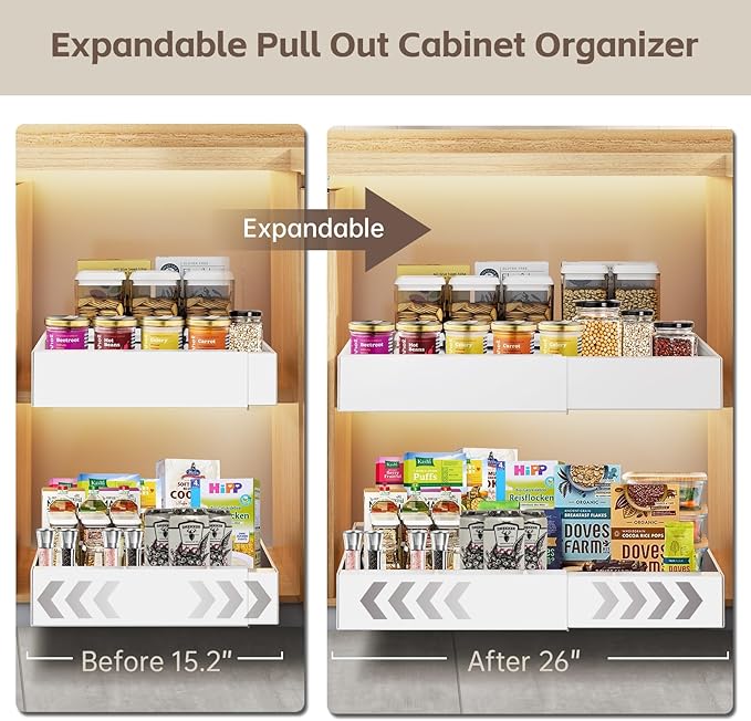 2Pack Expandable Pull Out Cabinet Organizer 21" Deep - Sliding Drawer Organizer Roll Out Shelves Adhesive - Adjustable Width 15.2"-26.2" W (White)