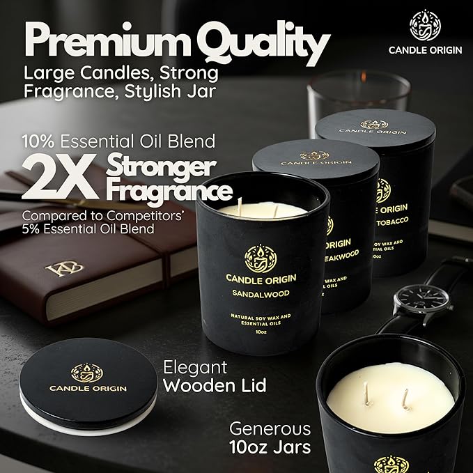 Mens Luxury Candles Gift Set – 3×10oz Masculine Scented Soy Wax Aromatherapy Candles – Sandalwood, Whiskey Tobacco, Mahogany Teakwood – Long Lasting, Non Toxic, Home, Office, Man Cave Decor