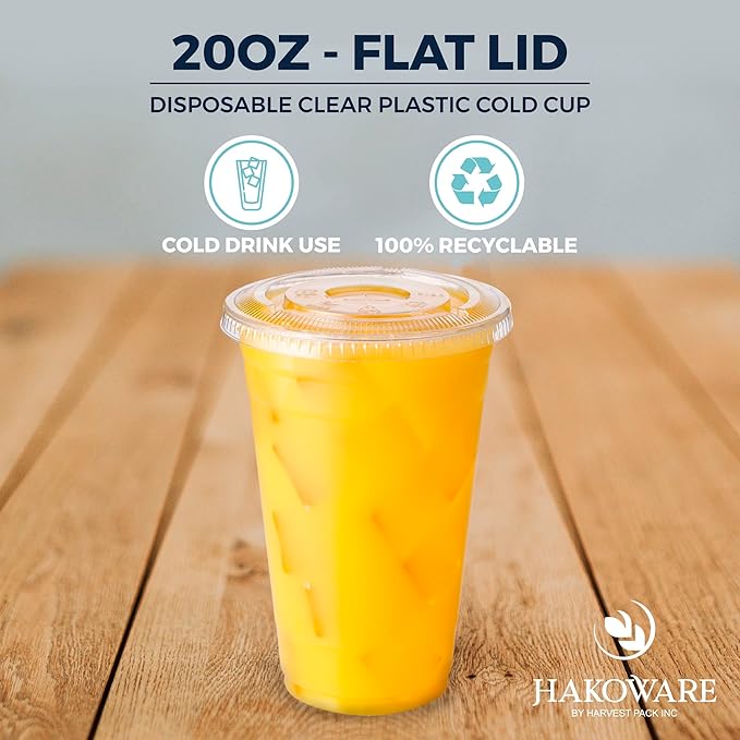 [1000 SET]HAKOWARE by Harvest Pack 20 oz Ultra Clear Plastic Cold Cups with Flat Lids, Disposable Wedding Party Drinking Cups Tumblers, Iced Coffee Beer Juice Cold Beverage