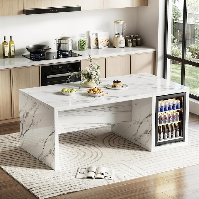 78.7" Large Imitation Marble Kitchen Island with Storage Space,Modern Dining Table with Mini Fridge Space for Kitchen, Dining Room, Home Bar, White