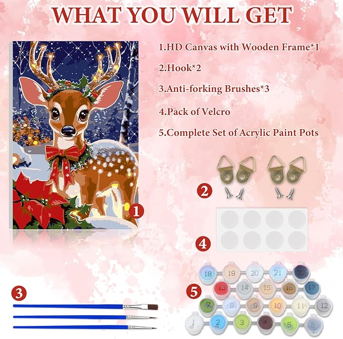 NAIMOER Christmas Deer Paint by Numbers Kits for Adults Beginner with Wooden Framed, Color by Numbers on Canvas Painting Kits for Adults, Easy Paint DIY Acrylic for Home Wall Decor 8X12 Inch