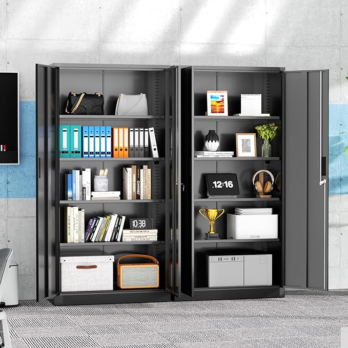 Superday Metal Storage Cabinet, 72" Garage Storage Cabinets with Lock, Black Metal Cabinet with 2 Doors and 4 Adjustable Shelves for Home Office, Classroom, File, Easy Assemble