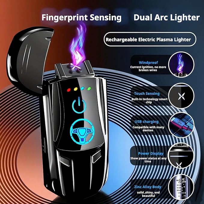Electric Rechargeable Dual Arc Plasma Lighter for Men- USB Electronic Windproof Flameless Cool Lighter with LED Battery Indicator, Pocket Metal Unique Cute Mini Car Shape for Candles & Camping