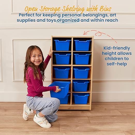 ECR4Kids 10 Cubby Mobile Tray Cabinet and 10 Scoop Front Bins, 5x2, Kids Furniture, Blue