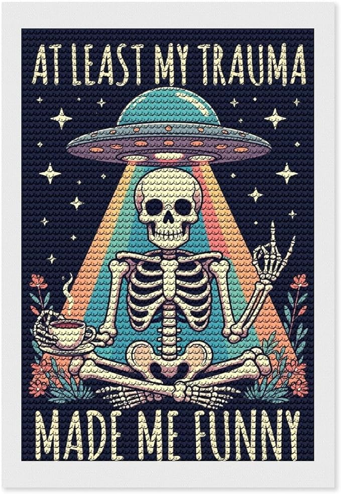 KIVJMSIDJA Skull Skeleton “At Least My Trauma Made Me Funny” Diamond Painting Kits for Adults,Diamond Art Kits for Beginners 5D Round Diamond 8"x12"