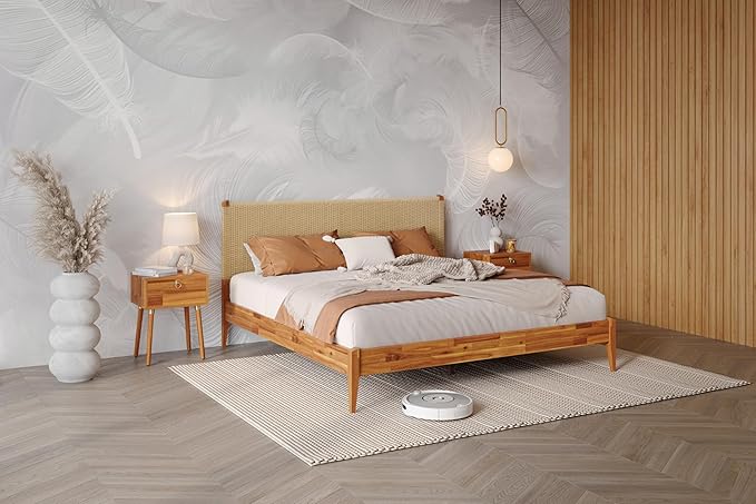 Bme Selina King Size Bed Frame, Handwoven Paper Cord Headboard, US Patent Pending Design, Mid-Century Modern, Solid Acacia Wood, No Box Spring Needed, Supports up to 800 lbs, Easy Assembly, Caramel
