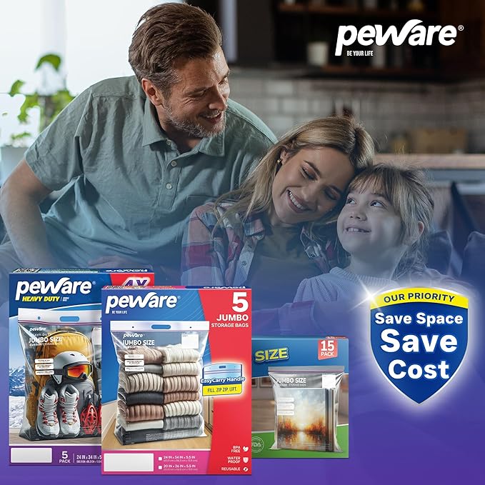 20 Gallon Heavy Duty Jumbo Storage Bags with Handle – 24" x 34" Resealable Zipper Top, Oversized Storage Solution for Clothes, Food, Pillow, Bedding, Household, BPA-Free, Pack of 15, 6 Mil Thick
