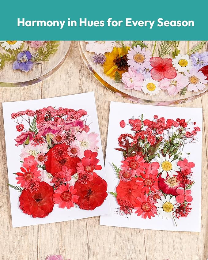 Dried Flowers, Resiners 58Pcs Pressed Flowers for Craft Red Real Natural Dried Flowers Dry Leaves Kit for DIY Making Crafts Resin Soap Candle Scrapbook Supplies Card Making Jewelry