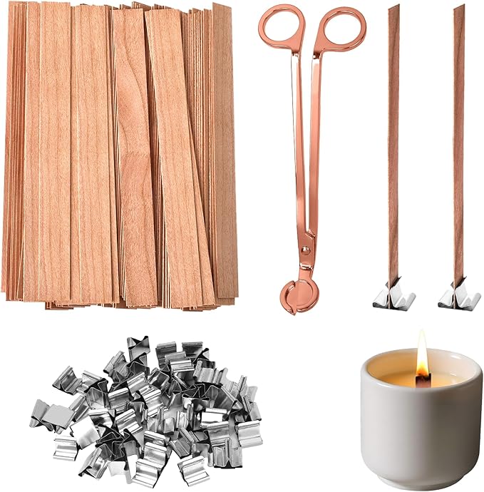 200 Pcs Wood Wicks for Candles Making, DIY Candle Wicks for Candle Making with Wick Trimmer, Replace Wooden Chip Lighter Wicks Holders, Natural Himemade Kit Functional Smokeless Long Lasting Flame