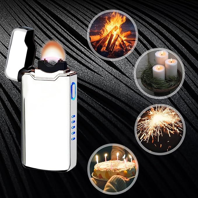 YOZWOO Rechargeable USB Electric Lighter High Power Flame Arc Lighters Plasma Lighters Windproof Camping Lighter with Long Battery Life for Home and Outdoor (Silver)