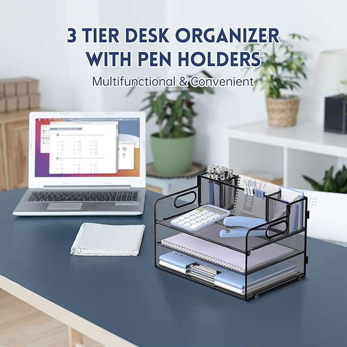 SUPEASY 3 Tier Desk Organizer with Handle & 3 Pen Holders, Mesh Paper/File Organizer for Desk, Paper Letter Tray Organizer for Office Supplies (Black)