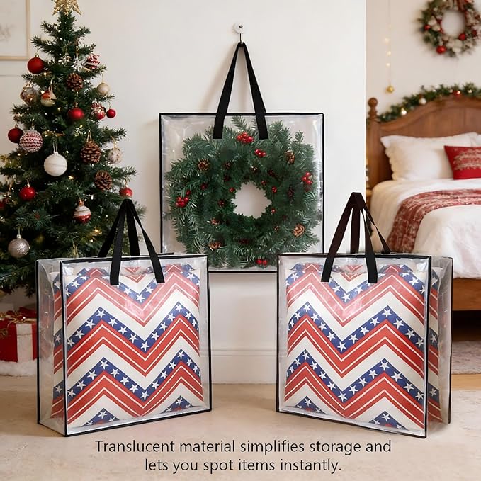 Heavy-Duty Clear Wreath Storage Bag & Sturdy Moving Box Alternative – 26 Inch Large Capacity Container with Zipper for Christmas Decorations, Seasonal Wreaths, Clothes, Bedding,Gift (4-Pack)