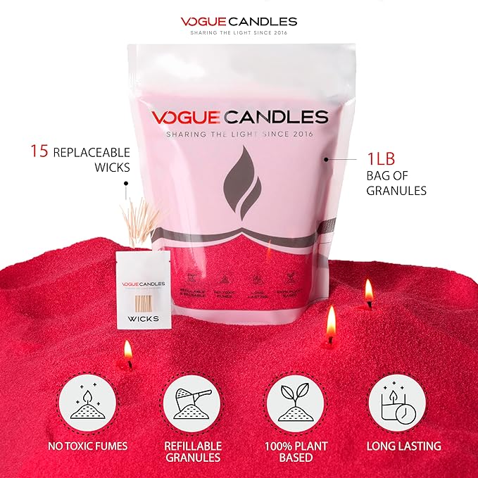 Vogue Candles Granulated Red Wax Refill – 1LB Pearled Candle Sand Wax – Mother’s Day Candle Kit with 15 Cotton Wicks for DIY Home Lighting – Plant-Based & Reusable for Clean Burning & Custom Vessels