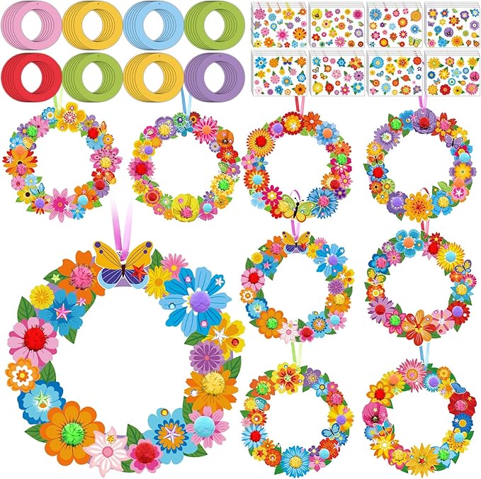 Hollowfly 48 Sets Spring Wreath Craft Kits DIY Flower Hanging Ornaments Make Your Own Paper Craft with Stickers for Home Spring Party Mother's Day Activities