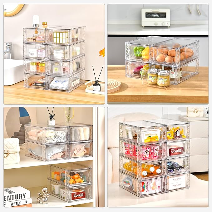Clemate 8Pack Clear Stackable Kitchen Storage Organizer,Pantry Organizers and Storage,Foods Organizer Bins with Handles, Easily Assemble for Bathroom, Kitchen, Refrigerator, Pantry, Cabinet, Closet