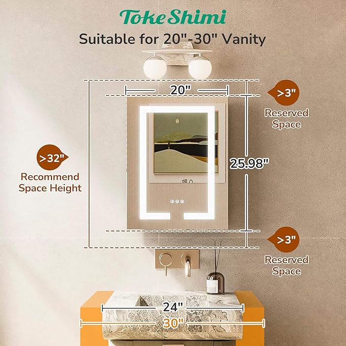 TokeShimi 20x26 Lighted Medicine Cabinet Mirrored Surface Mount 3 Color Dimmable, Anti-Fog Recessed Medicine Cabinet Mirror with Light and Outlet, 2-Side Led Bathroom Mirror with Storage