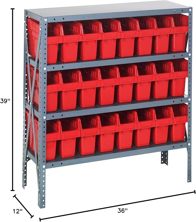 Quantum 1239-SB801RD Heavy Duty Shelving Unit with (4) Shelves and (24) QSB801 Red Bins for Warehouse Storage Distribution | 400 lbs Capacity per Shelf | 12"D x 36"L x 39"H, Galvanized Steel Finish