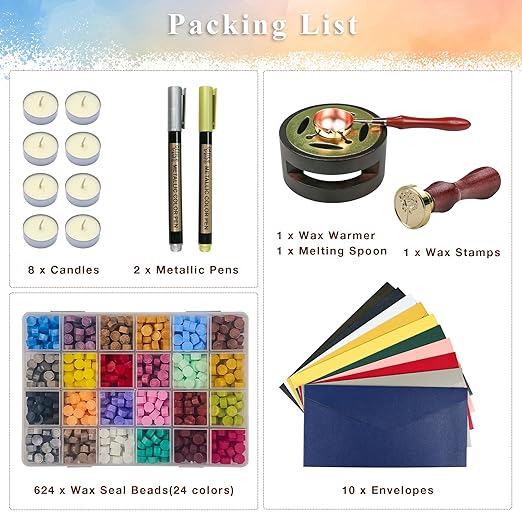 TRINIDa Wax Seal Kit, Premium Wax Seal Stamp Kit with 24 Colors 624 Pcs Beads, Metallic Pens, Warmer, Spoon and Tea Candles for Wedding Invitation, Letter Envelope, Gift Cards & DIY Crafts