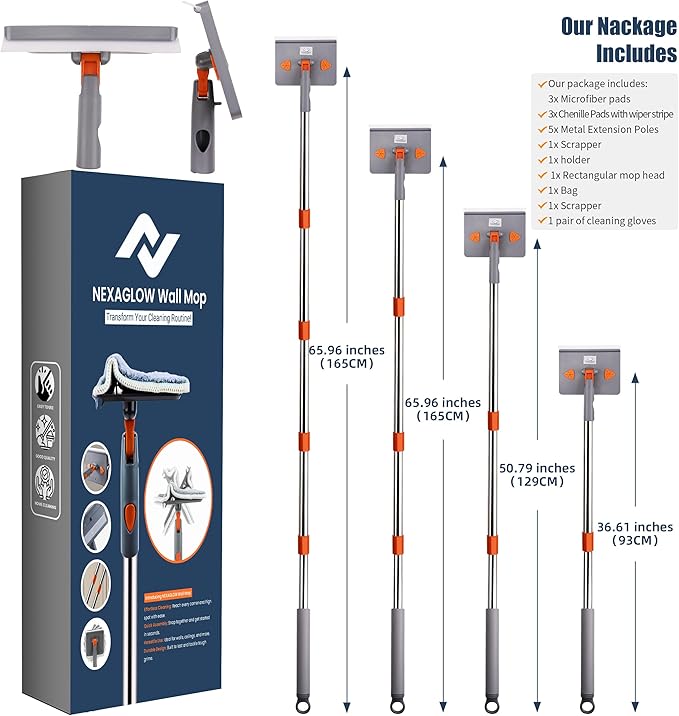 NexaGlow Baseboard Cleaner Tool with Handle | 3-in-1 Adjustable Cleaning Mop with Microfiber Pads & Gloves | 180° Wall Mop Cleaner with 66" Long Handle for Walls, Windows, Floors & Baseboards