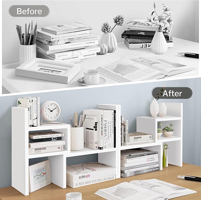 Jerry & Maggie - Desktop Organizer Office Storage Rack Adjustable Wood Display Shelf | Birthday Gifts - Toy - Home Decor | - Free Style Rotation Display - True Natural Stand Shelf (White)