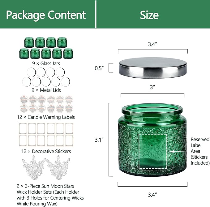 9-Pack 10 oz Sun Moon Star Embossed Glass Candle Jars with Mirror Lids and Labels - Unique Green Candle Containers with Lids for Candle Making
