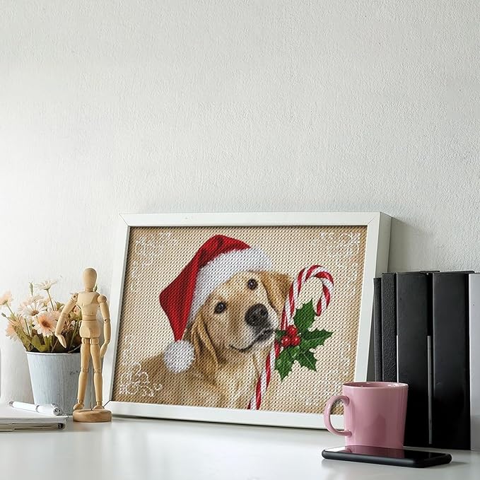 Diamond Painting Kits for Adults - Christmas Golden Retriever Puppy in Santa Hat with Candy Cane Painting DIY 5D Full Drill Diamond Dots Paintings with Diamonds Gem Art And Crafts Home Decor 8"x12"