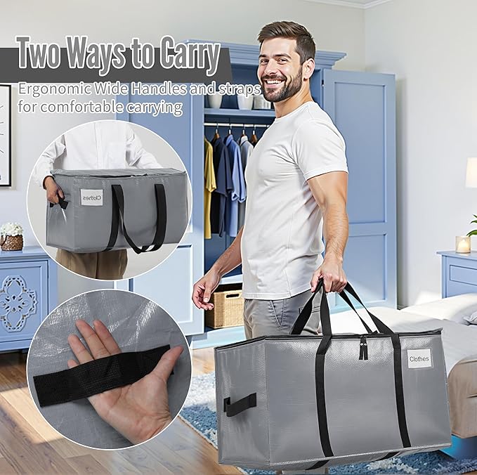 BAGAIL Heavy Duty Moving Bags with Strong Handle, Extra Large Moving Boxes, Storage Tote for Clothes, College Moving Supplies(Grey, 6 Pack)