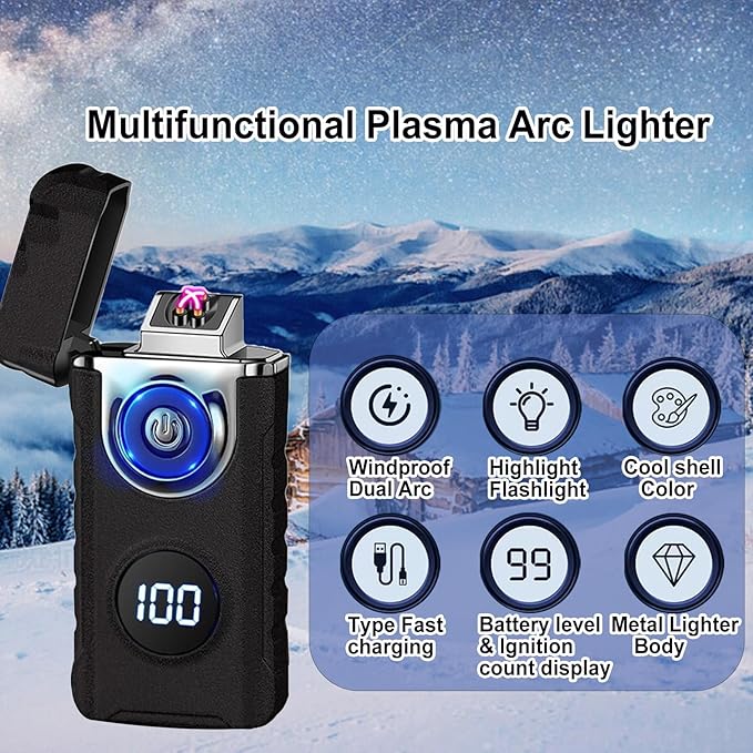 Electric Lighters Plasma Lighters Rechargeable with with LED LED Display and LED Emergency Lights Windproof USB Rechargeable Lighter Cool Lighte for Candle,Camping,Gift(Matte Black)