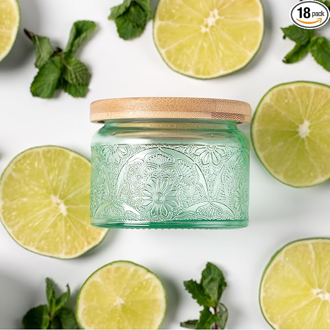 18-Pack 4oz Embossed Glass Candle Container with Bamboo Lids and Labels, Green Candle Jars for Making Candles, Mandala Design