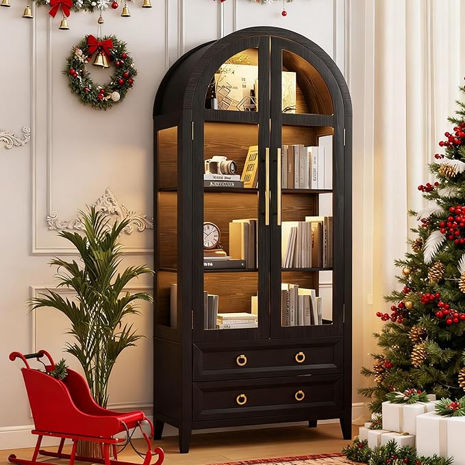 LVSOMT 71" Tall Arched Storage Cabinet with Glass Doors and Drawers, Curio Display Cabinet with Adjustable LED Light & Human Sensor, 4-Tier China Cabinet for Living Room(Black)