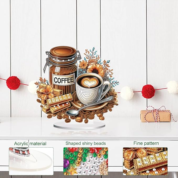 antor DIY Diamond Painting Desktop Ornament Coffee, 10x9.3in Acrylic Special Shape Diamond Art Kit Ornaments with Stand, Coffee and Chocolate Design, Tabletop Decoration for Home Crafts Gifts